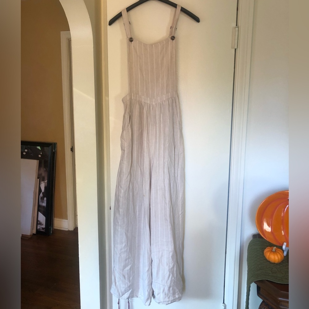 Wide legged striped tan overalls
